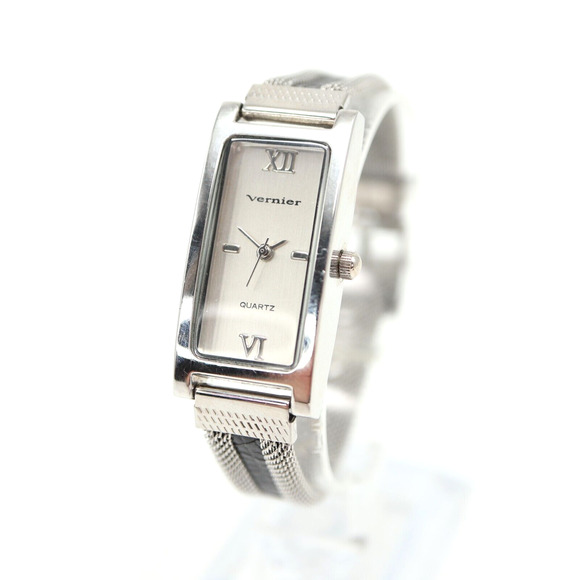 Vernier Womens Silver Tone Watch 18mm Slim Rectangle Mesh Strap with New Battery - Picture 1 of 16
